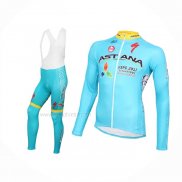 2016 Maillot Cyclisme Astana Bleu Clair Jaune Manches Longues Et Cuissard