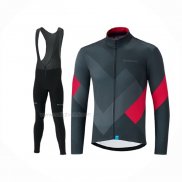 2019 Maillot Cyclisme Shimano Gris Rouge Manches Longues Et Cuissard