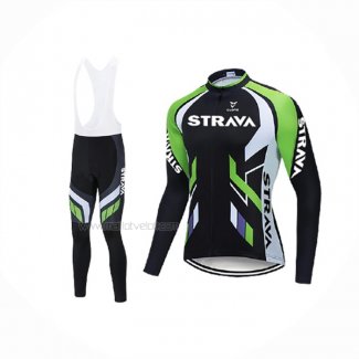 2021 Maillot Cyclisme STRAVA Noir Vert Manches Longues Et Cuissard