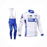 2013 Maillot Cyclisme FDJ Blanc Azur Manches Longues Et Cuissard